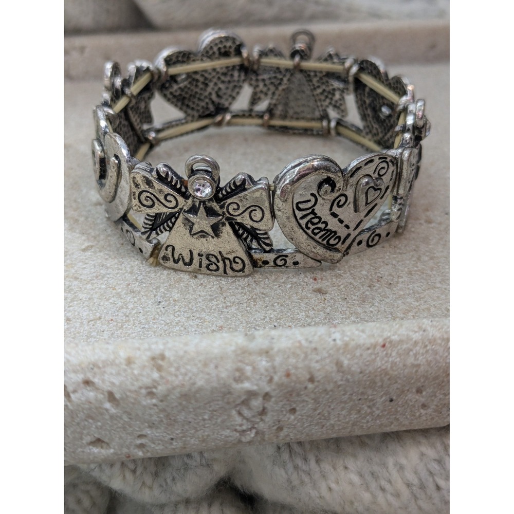 Vintage Wishes & Dreams Stretch Bracelet In Silver Tone Angels Hearts Folk Art